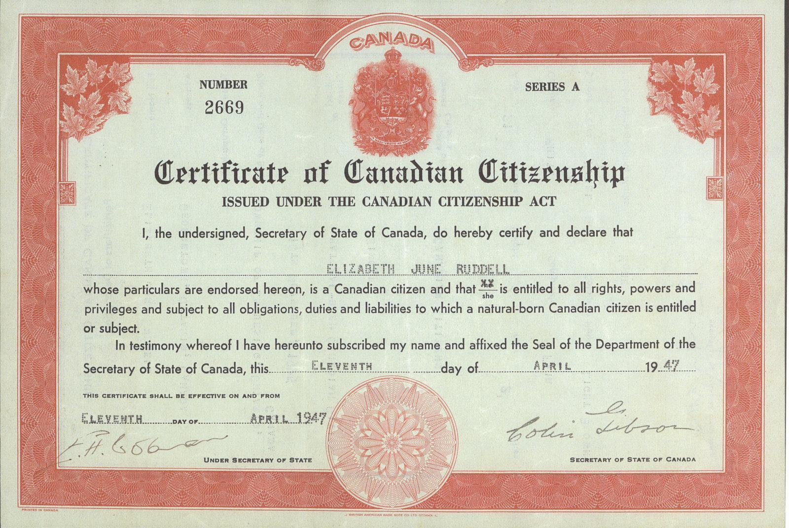 Certificate of Citizenship Canada