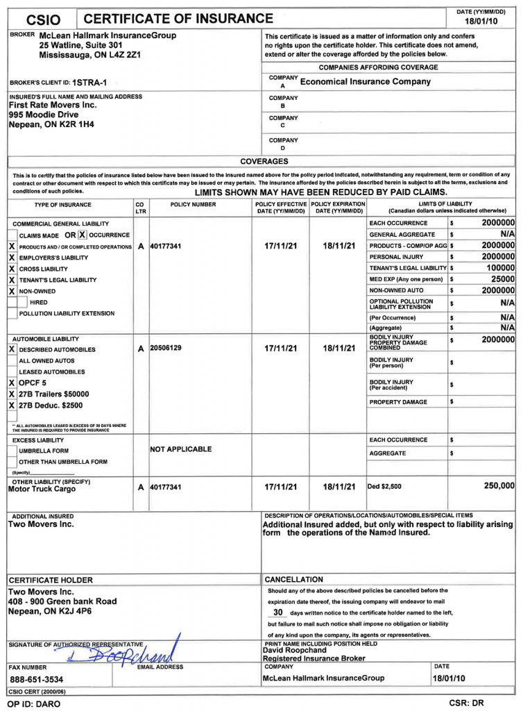 Certificate of Insurance for Movers