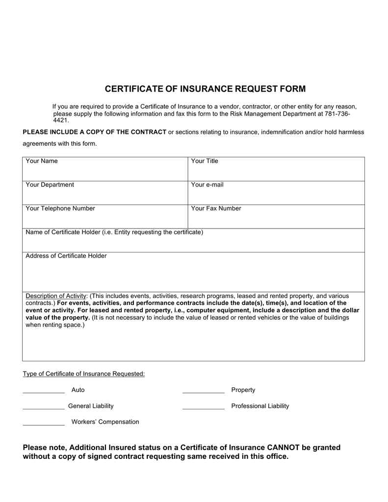 Certificate of Insurance form