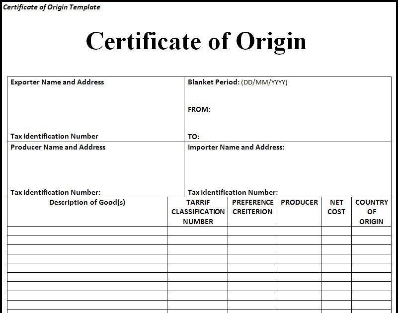 Certificate of Origin