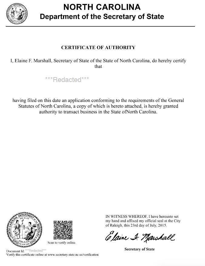 North Carolina Certificate of Authority