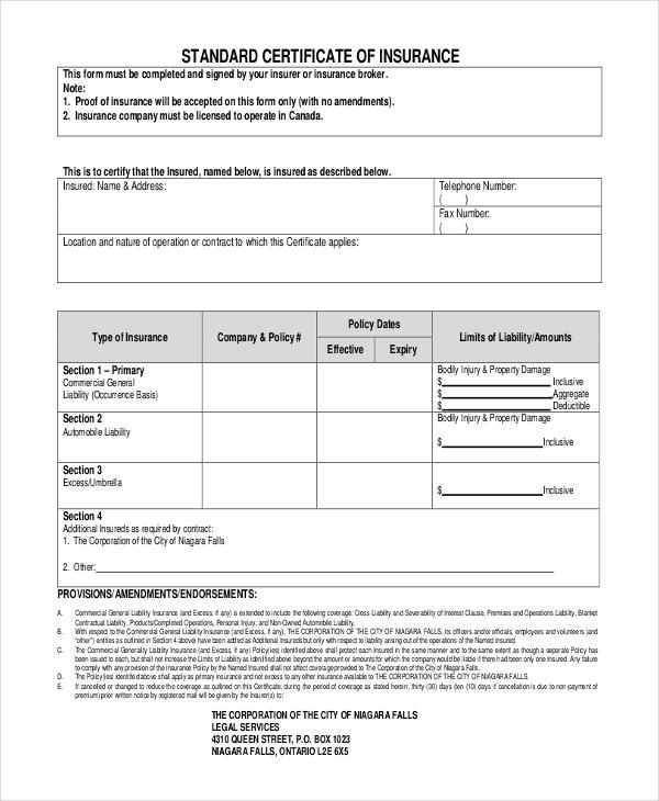 Free Certificate Of Insurance Template Sample With Examples