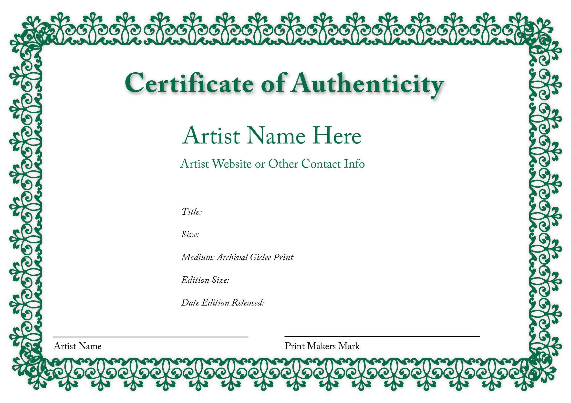 certificate of authenticity for Paintings