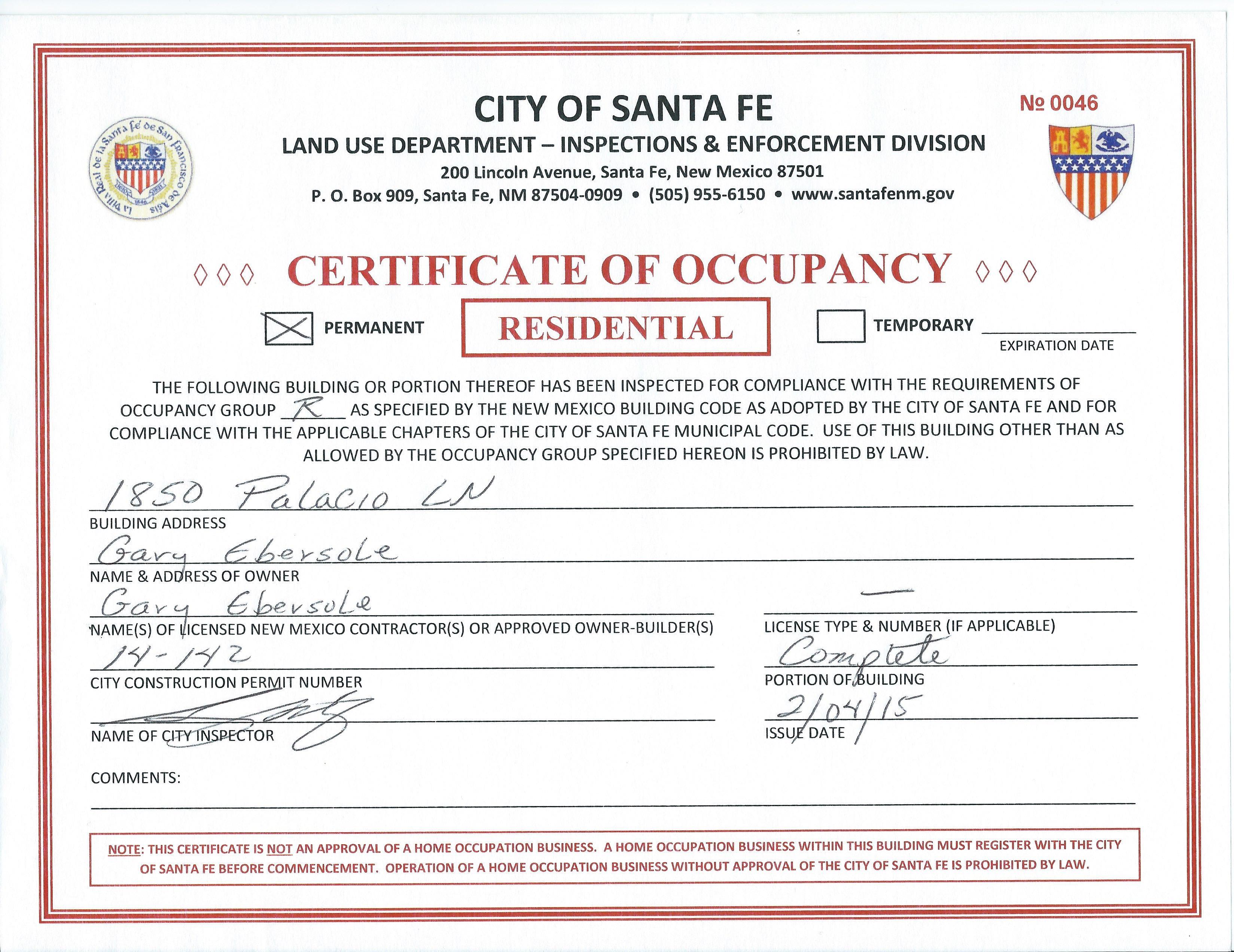 Certificate of Occupancy