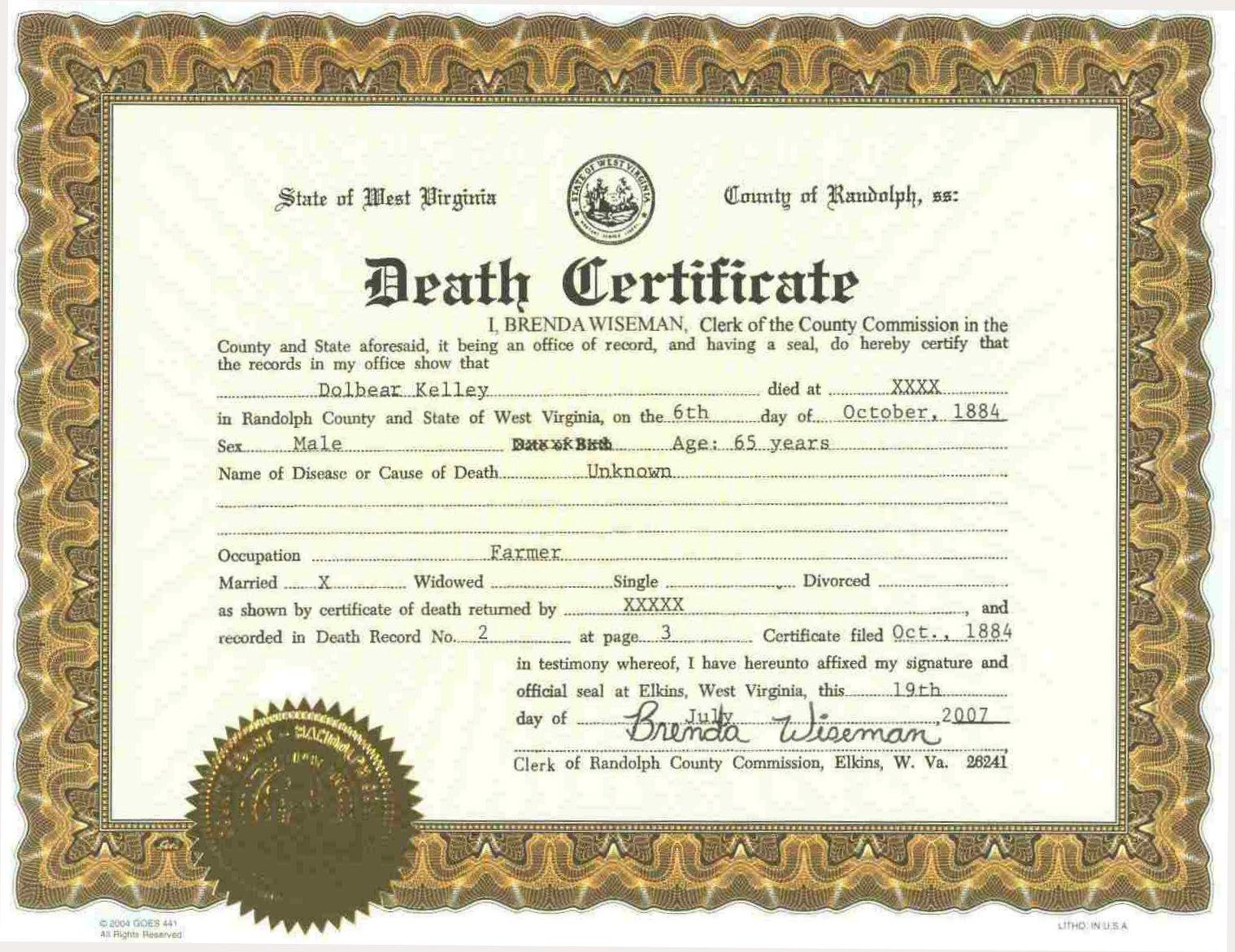 Free Printable Certificate Of Death Sample Templates