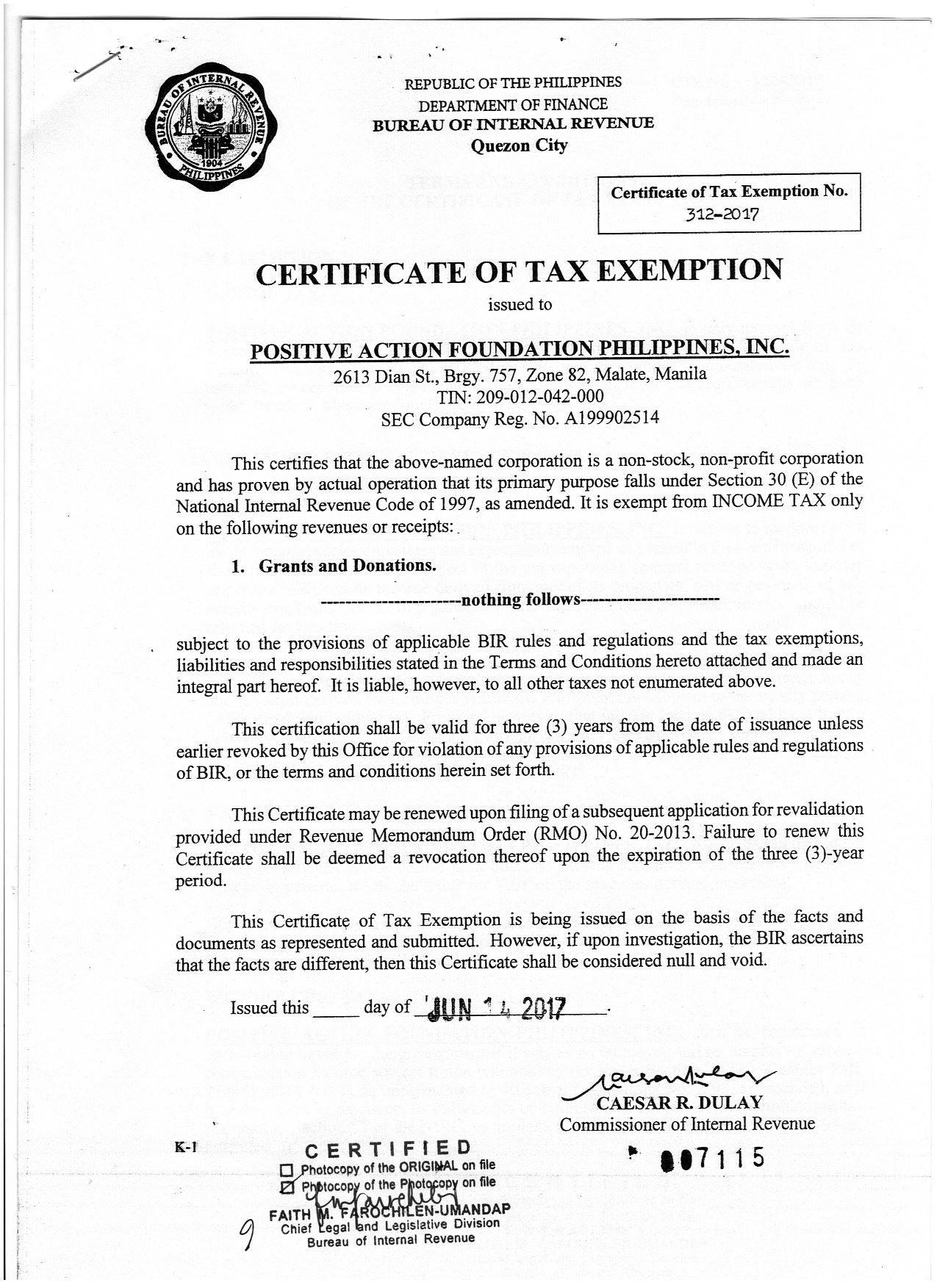 Certificate of exemption Sample