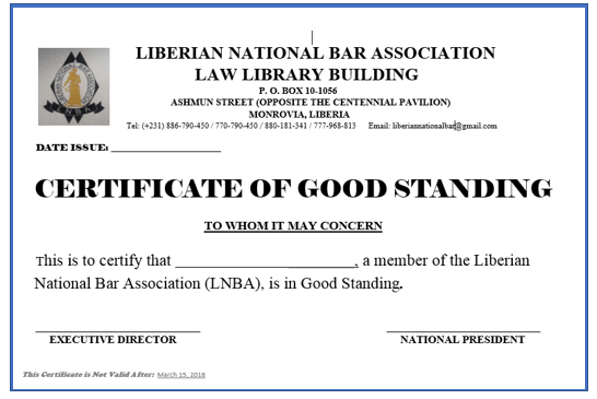 Certificate of Good Standing Sample