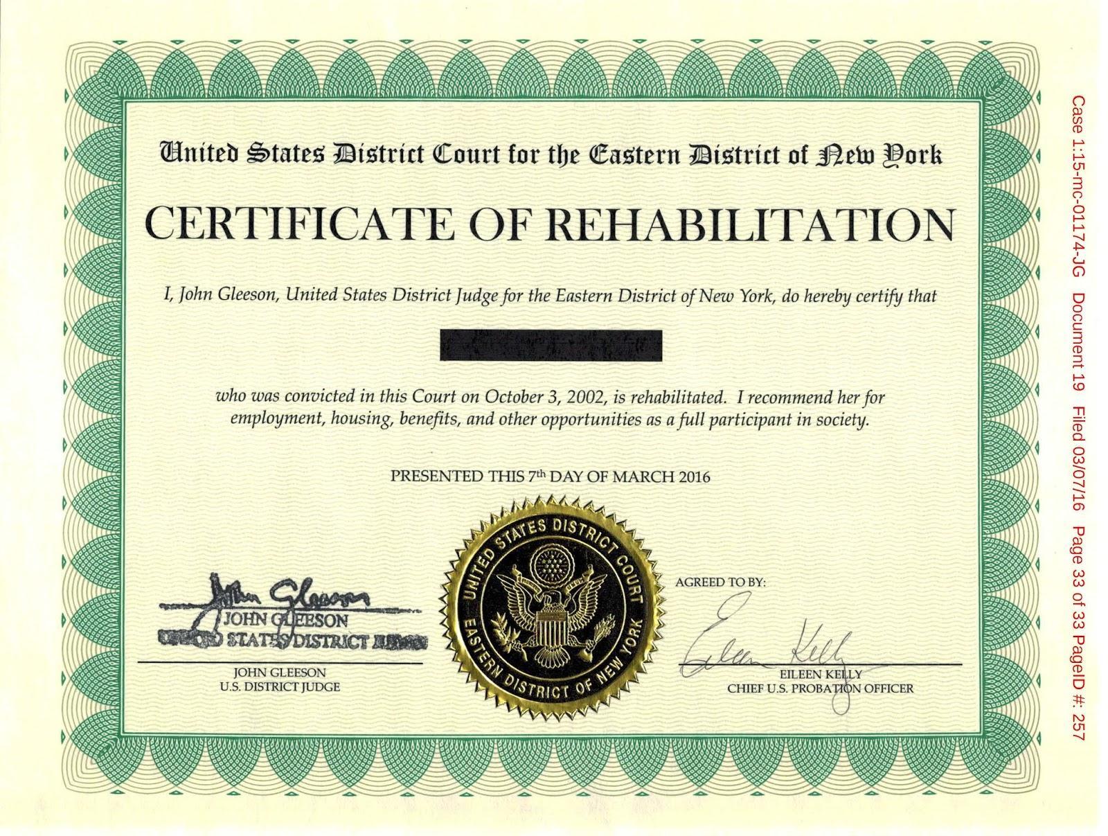 Certificate of Rehabilitation Sample