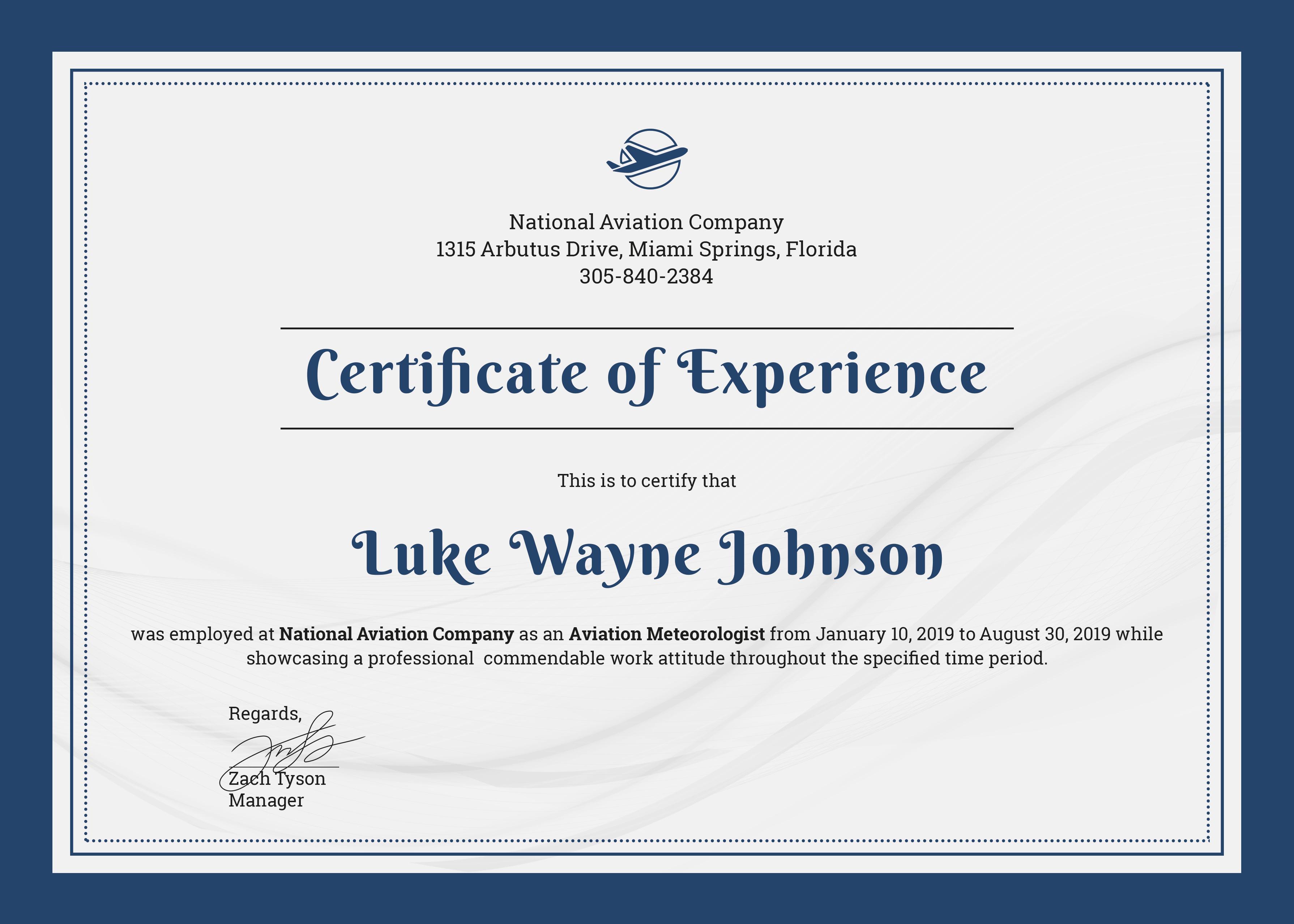 Certificate of Experience Sample