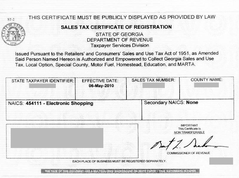 Resale Tax Certificate