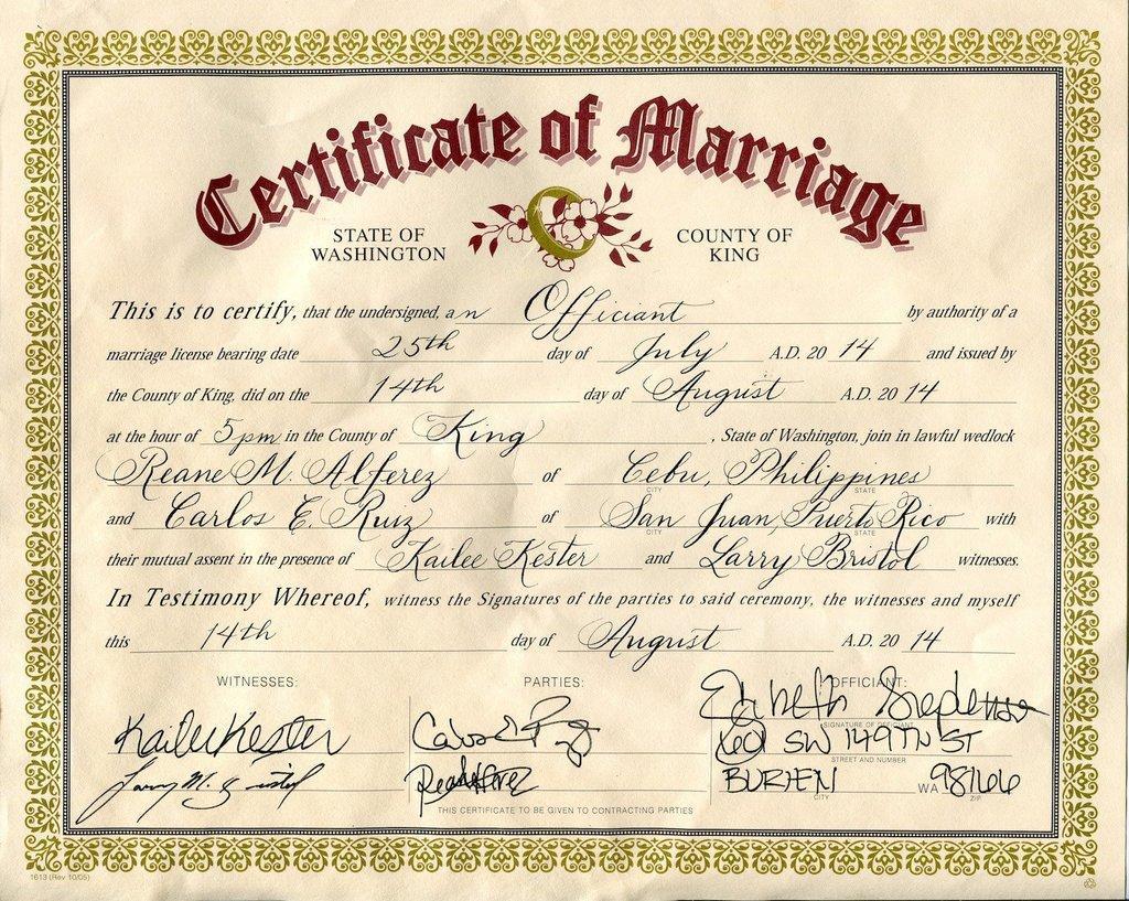 Certificate of Marriage Format