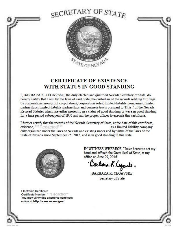 Certificate of good standing