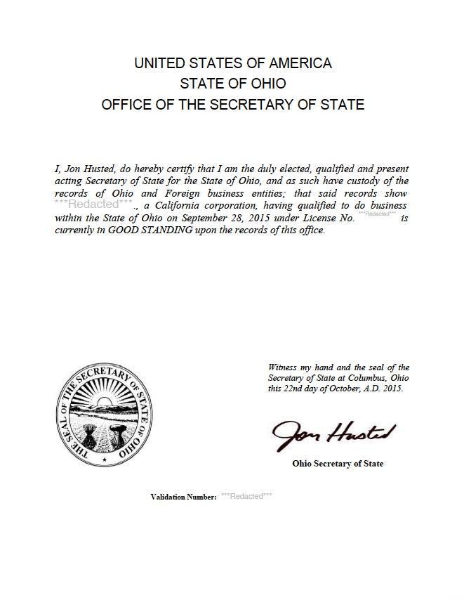 certificate of good standing California