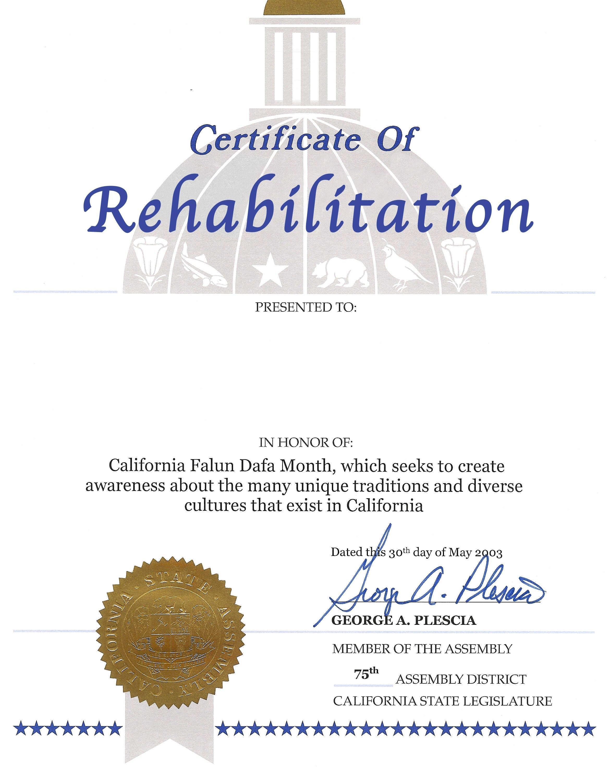 ❤️Certificate of Rehabilitation Sample Template❤️