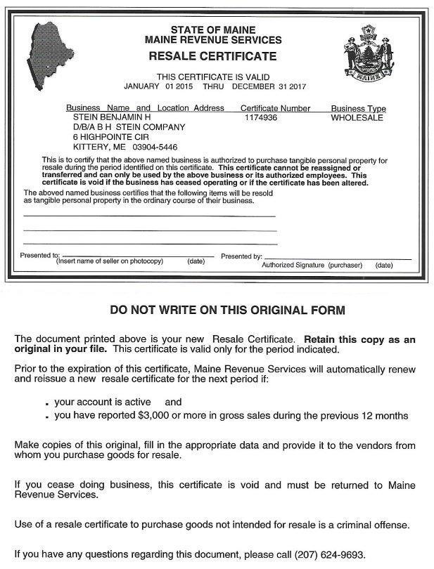 certificate of resale