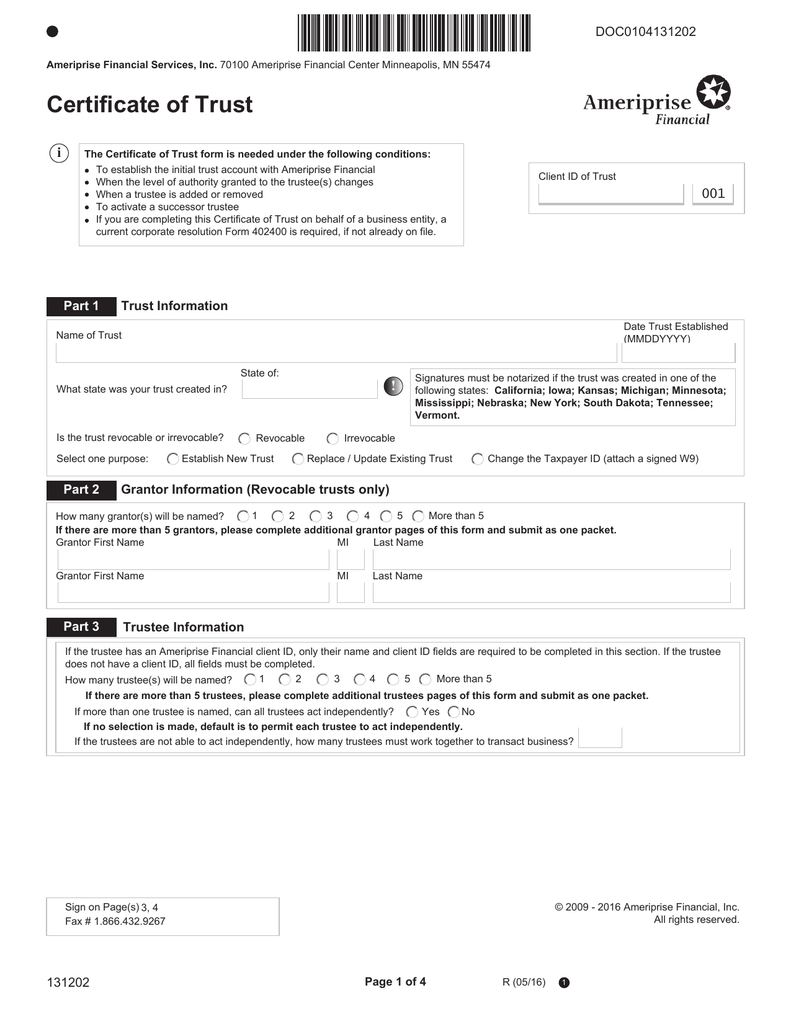 Certificate of Trust Form