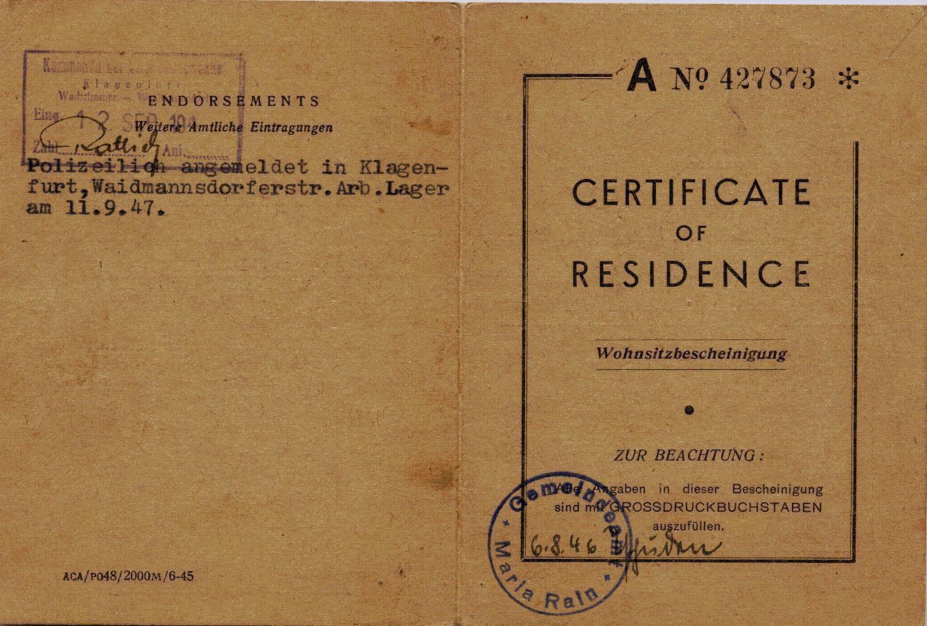 Certificate of Residence