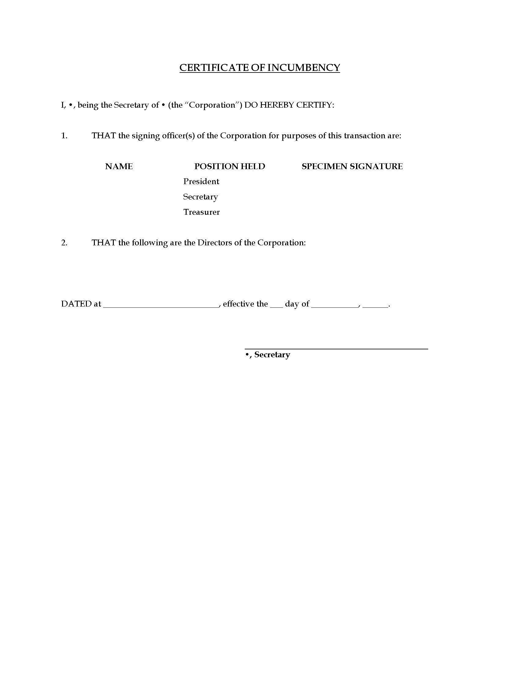 Certificate of Incumbency Template