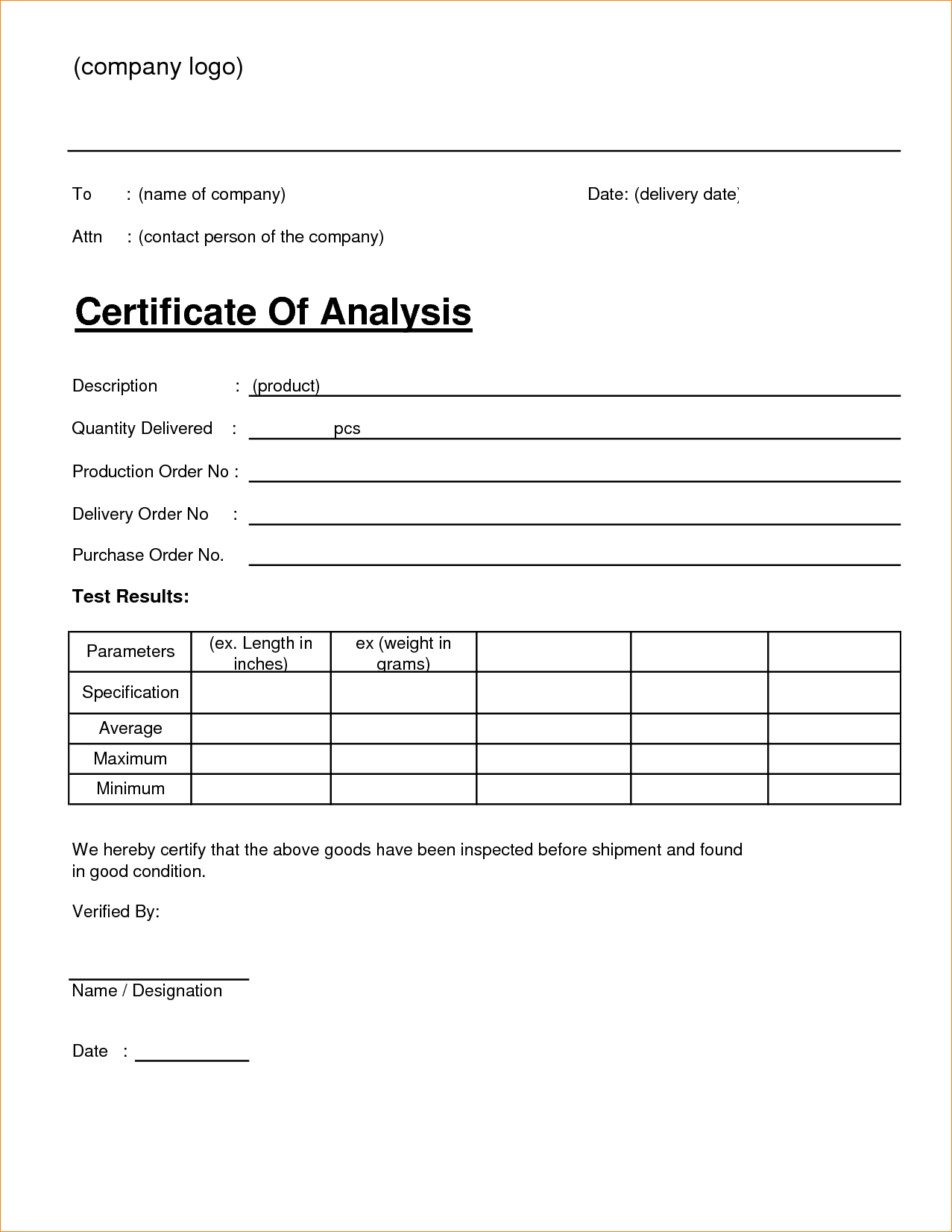 Certificate of Analysis TemplateÂ 