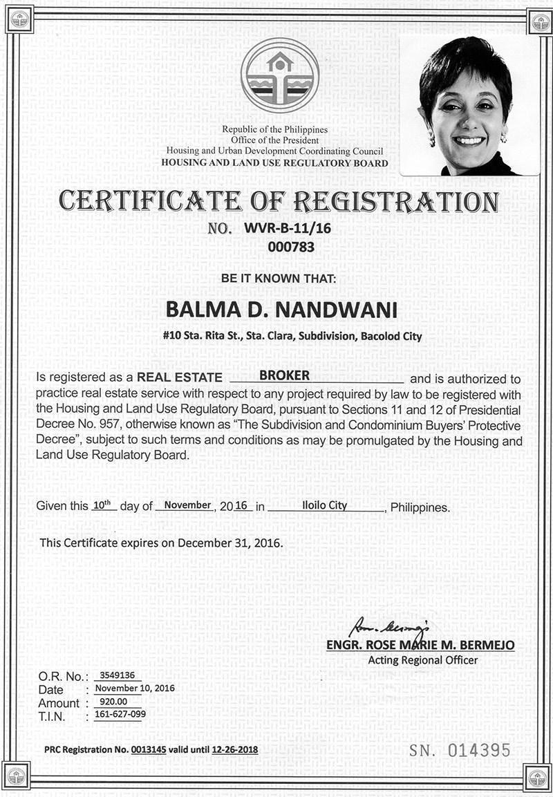 Real Estate Certificate of Registration