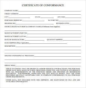 Certificate of Conformance Form 