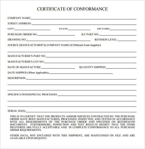 Certificate of Conformance Form 