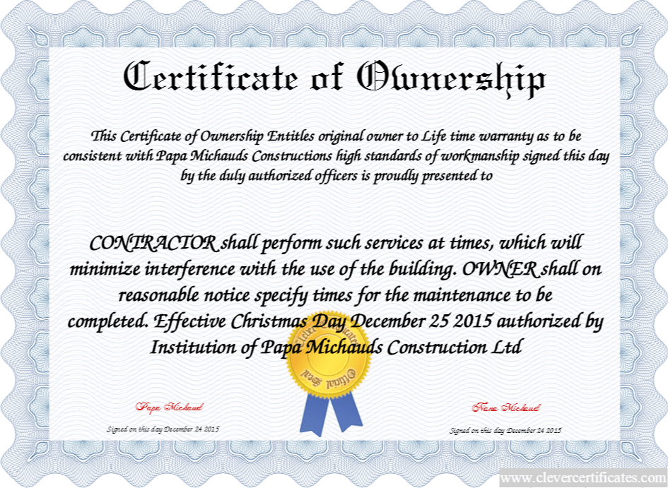 Certificate of Ownership WOW