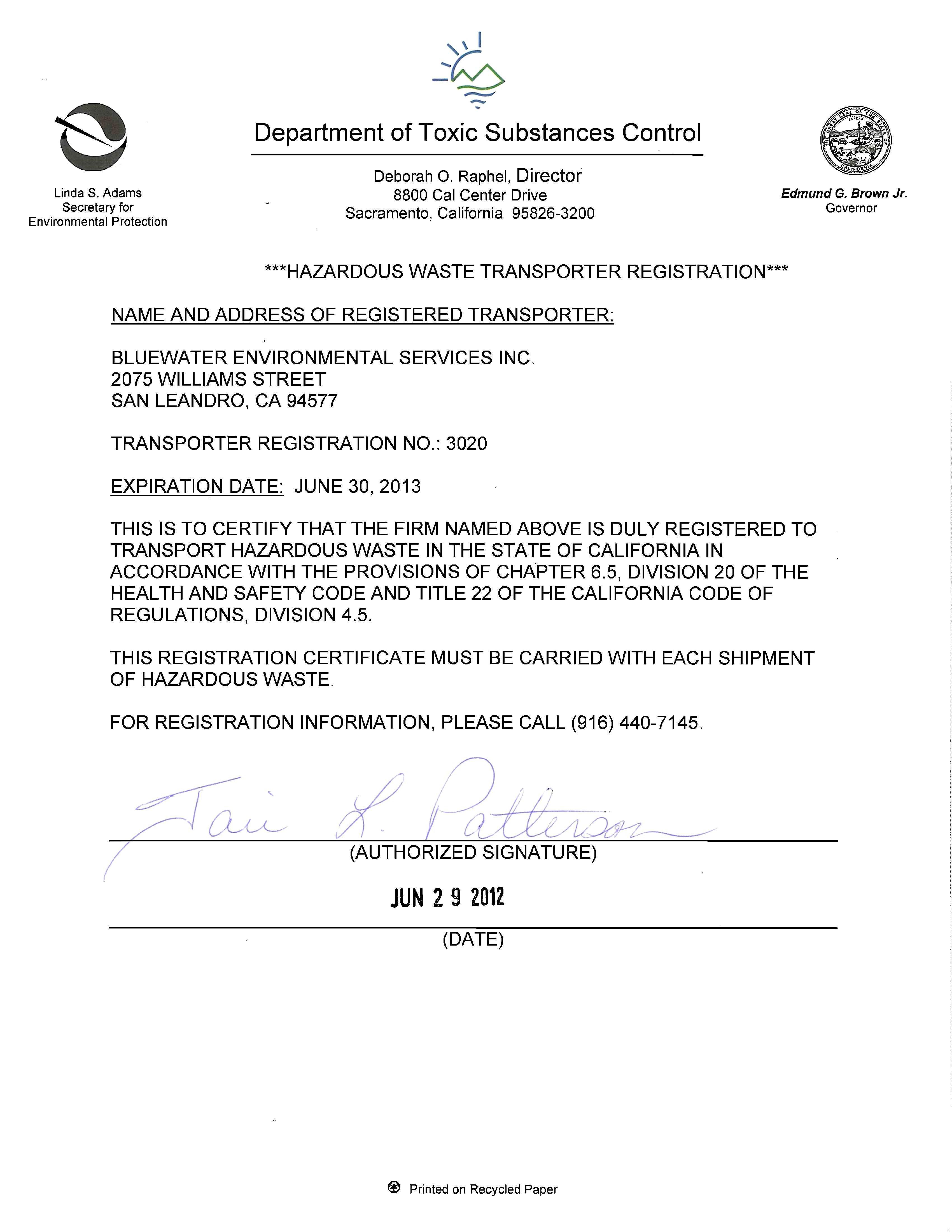 Hazardous Material Certificate of Registration