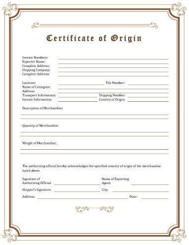 Manufacture Certificate of Origin Template 