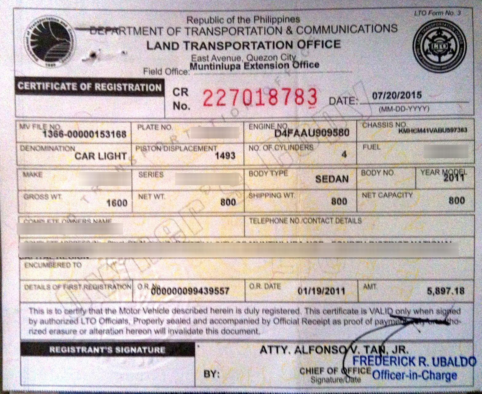 Certificate of Registration Car