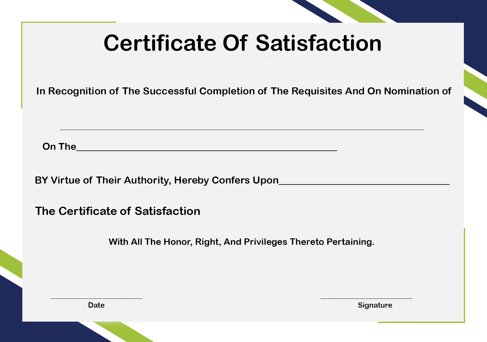 Certificate of Satisfaction Form 